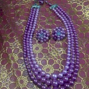Vintage 3-Strand Plum Faux Pearl Tone Necklaces with Original Matching Earrings